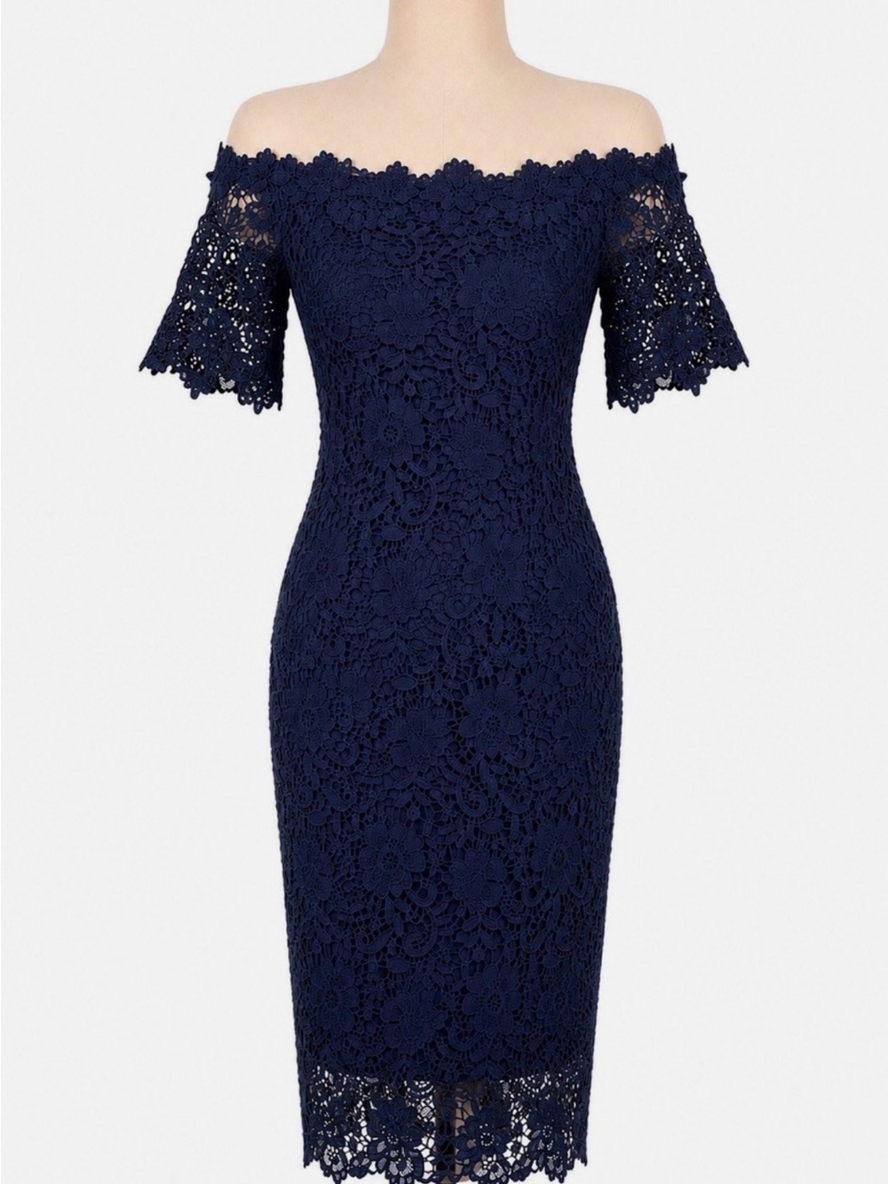 Navy Off-the-Shoulder Lace Sheath Dress